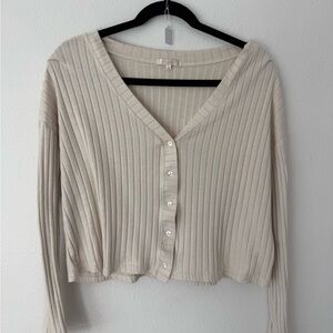 Ribbed V-Neck Button Crop Cardigan — Cream